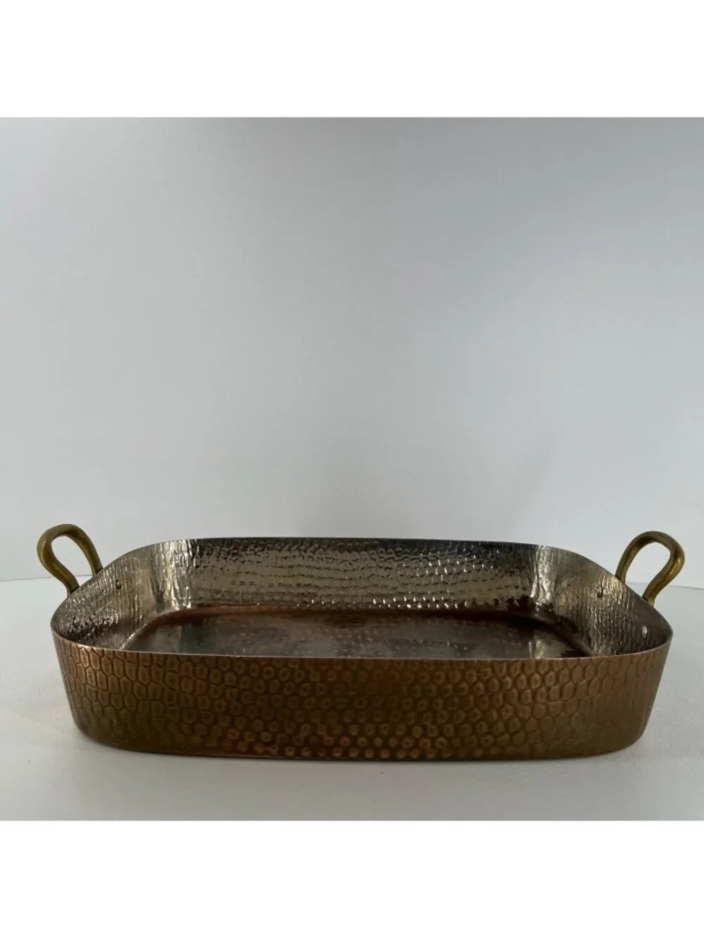 VTG Made in Korea  Hammered Copper Roasting Pan Rectangle Brass Handles 15